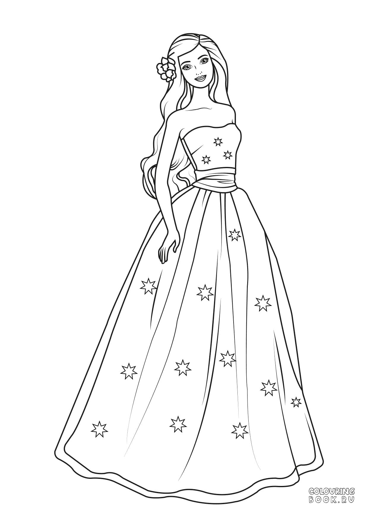 Раскраска Барби принцесса с фруктами на платье