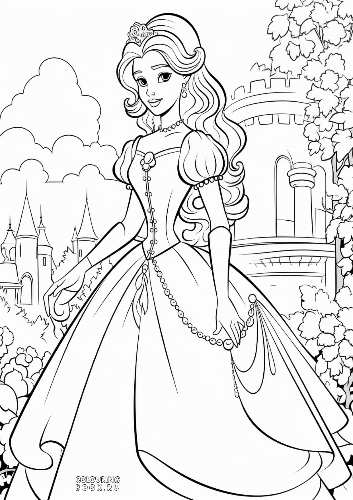 Раскраска красивая принцесса в замке