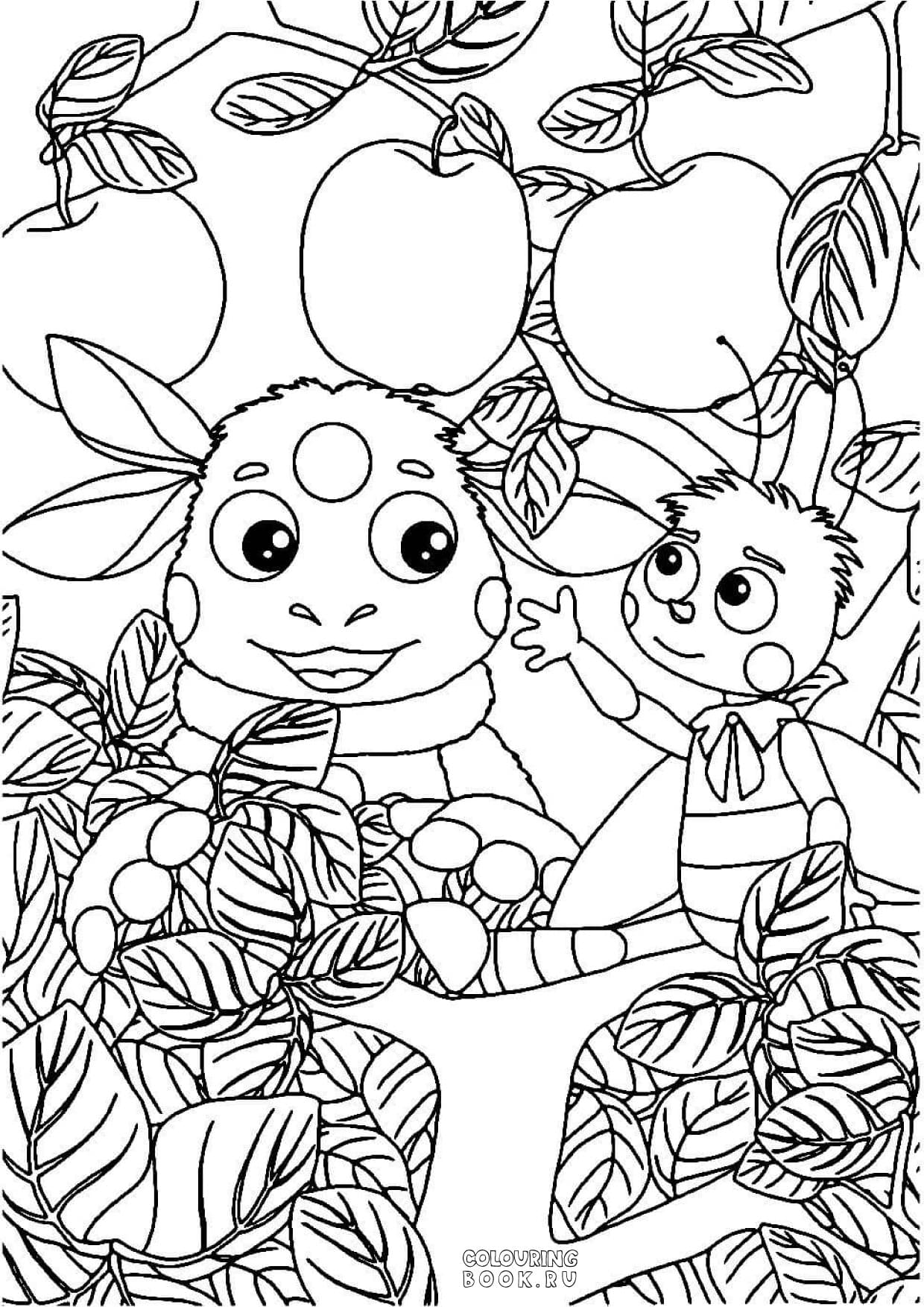 «Лунтик, Мила, Кузя и шкатулка» бесплатная раскраска для детей - мальчиков и девочек