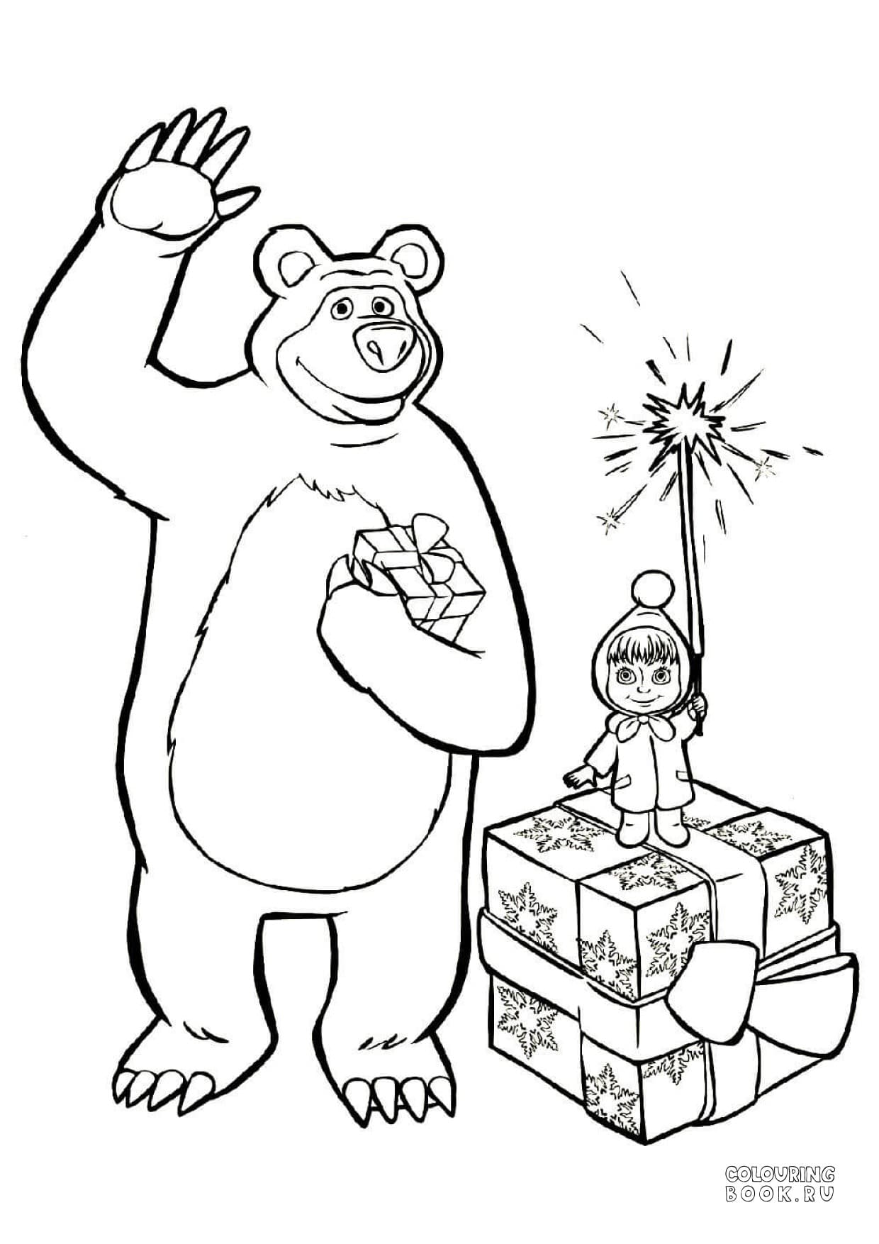 Раскраска Маша и Медведь, маша новый год распечатать